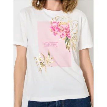 Dámská móda Sinsay - Bavlněné oversize tričko s potiskem - krémová - 242IN-01X - 242IN-01X-L