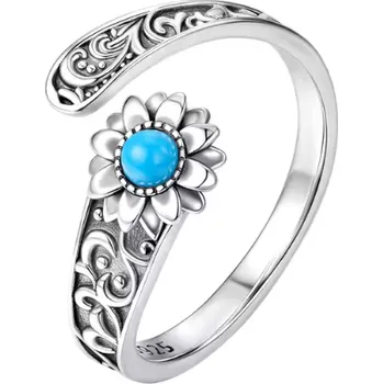 Prsten For Silver Vintage dámský otevřený prsten s květem a tyrkenitovým kamenem - Stříbro 925