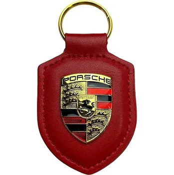 Tuning Mjakes klíčenka kožená s logem červená pro vozy PORSCHE