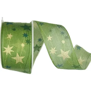 Stuha Stuha vánoční CELESTIAL GLOW GREEN zelená 40mm x 2m (15,-Kč/m) (Vánoční stuha taftová, zelená, jednostranný potisk, jemný glitrový efekt, s drátkem v lemu)