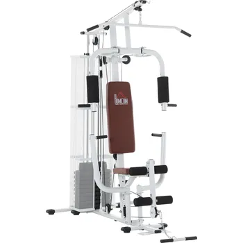 HOMCOM Gym Posilovací stanice Fitness stanice Multigym Fitness centrum Posilovací zařízení včetně závaží Lat pull-down Leg curl Kov PU umělá kůže Bílá 150 x 110 x 210 cm
