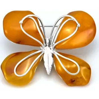 Brož Velká originální stříbrná brož (Ag 925/1000) s baltským jantarem QAA, motýl cca 48 x 60 mm, nádherná žluto-oranžová barva, "sluneční motýl" (JA2696M)