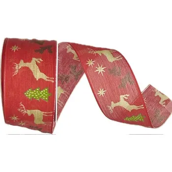 Stuha Stuha vánoční GOLDEN REINDEER FOREST červená 40mm x 2m (14,-Kč/m) (Vánoční stuha červená, tkaná bavlna, jednostranný potisk, jemný glitrový efekt, s drátkem v lemu)