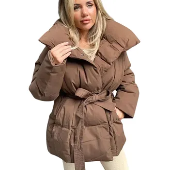 Dámská bunda Dámská zimní bunda s límcem Teplá bunda na patenty s kapsami a nastavitelnou tkaničkou v pase Pohodlný zimní kabát pro každodenní nošení hnědá S