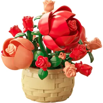 ostatní stavebnice Stavebnice květinový koš s růžemi 75 × 73 × 72 mm Dekorační model do interiéru Mini stavebnice květů z ABS plastu v elegantním košíku