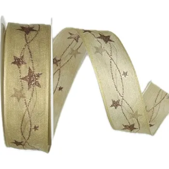 Stuha Stuha vánoční CELESTIAL GLOW NATURE béžová 25mm x 2m (13,-Kč/m) (Vánoční stuha taftová, béžová, jednostranný potisk, jemný glitrový efekt, s drátkem v lemu)