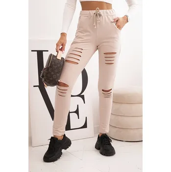 Kesi Dámské kalhoty z bavlny s roztržením a gumou v pase Barva: Béžová, Velikost: UNI