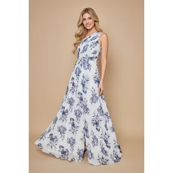 Dámské šaty EVA & LOLA Společenské bílé šaty STEPHANIE modré květy Barva: bílá-modrá, Velikost: S