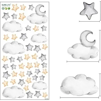 Samolepící dekorace Samolepka na zeď 60 x 30 cm Hvězdy a mraky Průsvitný matný vinyl Jemná dekorace do dětského pokoje Snadná instalace bez poškození