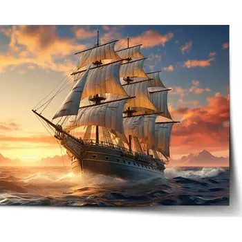 Plakát Sablio Plakát Plachetnice ve vlnách při východu slunce - 90x60 cm