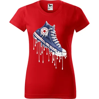 Dámské tričko levne-damske-bavlnene-tricko-potisk-modra-kecka Velikost dámská trička Basic: M šířka 47, délka 63, Odstín dámské tričko Basic: Červené