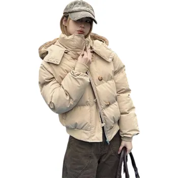 Dámská zimní bunda z bavlny Teplá bunda s kapucí s kožichem Vysoký stojací límec Zapínání na zip a knoflíky Praktické kapsy na zimu krémová S