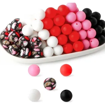 Sada silikonových korálků 15 x 15 mm Kulaté korálky 20 ks v černé bílé červené a růžové 5 barev po 4 kusech Kreativní materiál na výrobu náramků náhrdelníků a dekorací