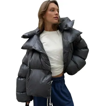 Dámská zimní bunda s kapucí Teplá bunda na patenty s límcem a kapsami Pohodlný zimní kabát s teplým zapínáním pro každodenní nošení tmavě šedá M