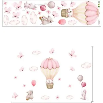 Samolepící dekorace Samolepka na zeď 113,7 x 75,6 cm Zvířátka v balónu s motýlky Průsvitný matný vinyl Velká dekorace do dětského pokoje