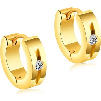 Náušnice Kulaté ocelové náušnice ve zlatě - čiré zirkony, podlouhlý výřez, kloubové zapínání