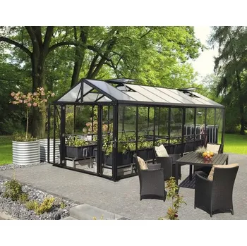 Skleník Skleník Vitavia Zeus Comfort 15700 kombinace skla a polykarbonátu 258,4 x 614 cm černý vč. podlahového rámu