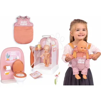 Set panenka v dupačkách s funkční sprchou a záchodem Doll Baby Nurse Smoby s koupelnou a klokanka se spacím pytlem