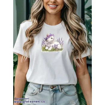 Dámské tričko Trička s potiskem Tričko s potiskem, KOŤÁTKO V LEVANDULI, 1 ks zvolte VELIKOST textilu ZDE:: M- velikost typ Beagle