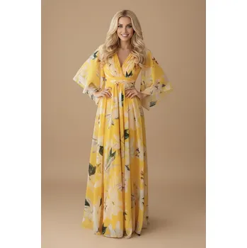 Dámské šaty EVA & LOLA Společenské květované Šaty NATALIA žluté Barva: Žlutá, Velikost: M