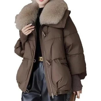 Dámské oblečení Dámská zimní bunda Kožichový límec Zapínání na zip Teplý měkký materiál Polyester bavlna Kapsy na ruce Elegantní bunda na zimu hnědá XL