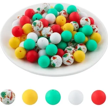 Sada kulatých silikonových korálků 15 x 15 mm 20 ks v pěti Vánočních odstínech po 4 kusech pro tvorbu náramků, náhrdelníků, přívěsků a dekorací