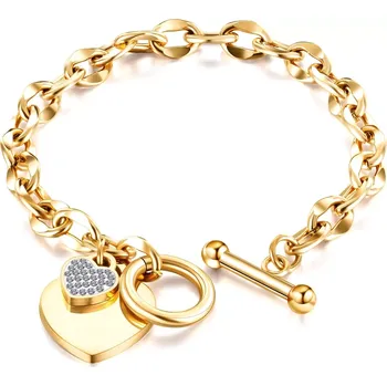 Náramek Ocelový náramek ve zlaté barvě - ploché a zirkonové srdce, protlačovaná očka