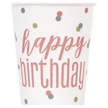 Party nádobí Kelímky papírové - Happy Birthday - rosegold s tečkami 8ks