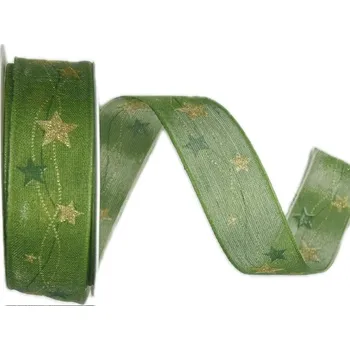 Stuha Stuha vánoční CELESTIAL GLOW GREEN zelená 25mm x 2m (13,-Kč/m) (Vánoční stuha taftová, zelená, jednostranný potisk, jemný glitrový efekt, s drátkem v lemu)