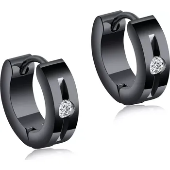 Náušnice Kulaté ocelové náušnice v černé barvě - čirý zirkon, podlouhlý výřez, puzetové zapínání