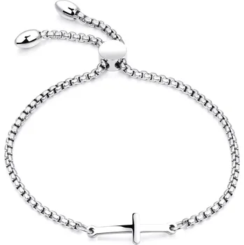 Náramek Ocelový náramek ve stříbrné barvě - vypouklý kříž, čtvercový řetízek, posuvné zapínání