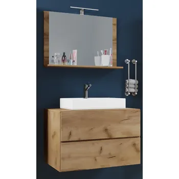 Koupelnový nábytek VCM 3dílná umyvadlová skříňka Lendas M 80 cm se zrcadlem, dub medový 486416