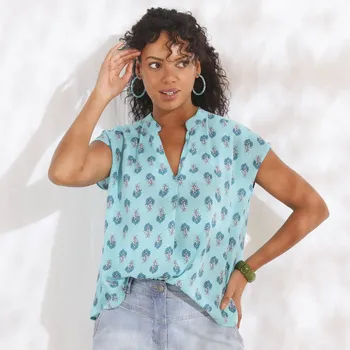 Dámská halenka Kreponová halenka bez rukávů, s potiskem tyrkysová 44