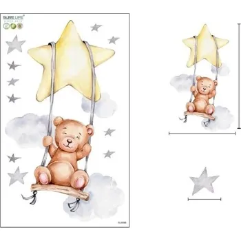 Samolepící dekorace Samolepka na zeď 50 x 30 cm Medvídek na houpačce Průsvitný matný vinyl Roztomilá dekorace do dětského pokoje Jemná nástěnná ozdoba