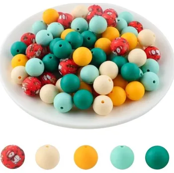 Sada kulatých silikonových korálků 15 x 15 mm 20 ks v pěti Vánočních barvách po 4 kusech pro kreativní výrobu náramků, náhrdelníků, přívěsků a dekorací