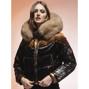 LOCO LUXO LOCO LUXO 55 cm - Dámská krátká péřová bunda s kapucí a liškou hnědá XS