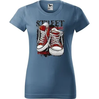 Dámské tričko levne-damske-bavlnene-tricko-potisk-original-tenisky Velikost dámská trička Basic: XXL šířka 59, délka 69, Odstín dámské tričko Basic: Denim