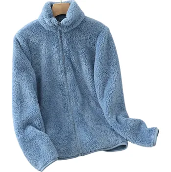 Dámská bunda Dámská zimní bunda z polyesteru Teplá plyšová bunda s vysokým stojacím límcem Zapínání na zip Měkký hřejivý materiál Pohodlné zimní oblečení modrá L