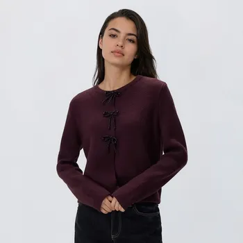 Dámský svetr Reserved - Kardigan s mašličkami - hnědá - 233GV-83M - 233GV-83M-XL