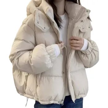 Dámská bunda Dámská zimní bunda z bavlny Teplá bunda s kapucí Vysoký stojací límec Zapínání na zip a patenty Praktické kapsy Pohodlné zimní oblečení béžova XXL