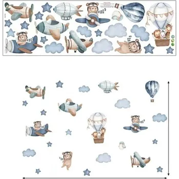 Samolepící dekorace Samolepka na zeď 112 x 74 cm Zvířátka s letadly a balónem Průsvitný matný vinyl Dekorace do dětského pokoje Hravá nástěnná ozdoba