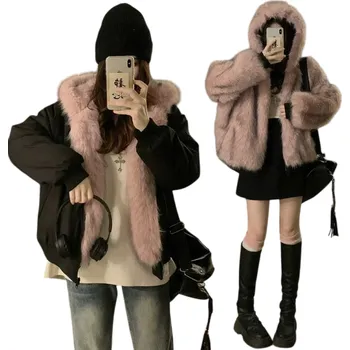 Dámská oboustranná zimní bunda s kapucí Teplá bunda na zip s kožešinovou druhou stranou a kapsami Elegantní zimní kabát pro pohodlné nošení růžová S