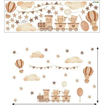 Samolepící dekorace Samolepka na zeď 98 x 64 cm Medvídci ve vláčku Průsvitný matný vinyl Dekorace do dětského pokoje Roztomilá nástěnná ozdoba