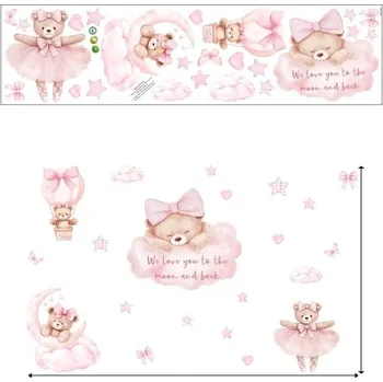 Samolepící dekorace Samolepka na zeď 150 x 120 cm Medvídek na růžovém mráčku a balonu Průsvitný matný vinyl Dekorace do dětského pokoje Velká nástěnná ozdoba