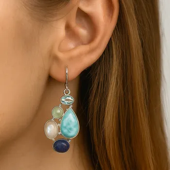 Náušnice Stříbrné náušnice s Larimarem, Měsíčním kamenem, Akvamarínem a Lapisem Lazuli Sloane