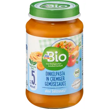 Dětská výživa dmBio příkrm Špaldové těstoviny s karotkou a rajčetem