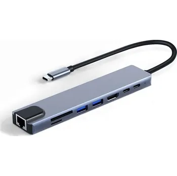 USB hub Mobilly USB-C HUB 8v1 (PD 100W, HDMI, RJ45, 2x USB-A, 1x USB-C, čtečka karet)