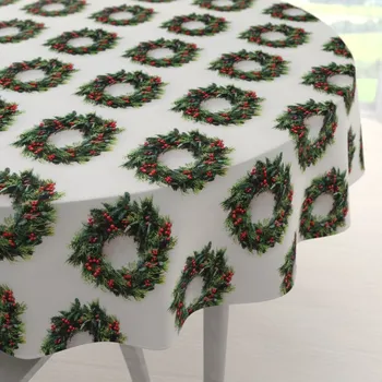 ubrus Saténový kulatý ubrus LUP-508 Vánoční věnečky na bílém Ø 100 cm