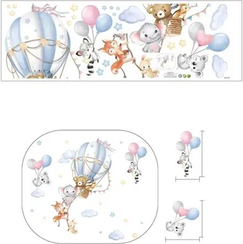 Samolepící dekorace Samolepka na zeď 90 x 30 cm Zvířátka v balónu a s balónky Průsvitný matný vinyl Roztomilá dekorace do dětského pokoje Snadná aplikace