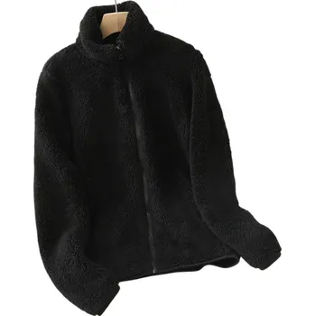 Dámská zimní bunda z polyesteru Teplá plyšová bunda s vysokým stojacím límcem Zapínání na zip Měkký hřejivý materiál Pohodlné zimní oblečení černá S